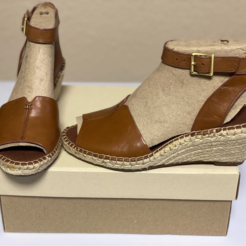 Clarks Brown Leather Wedge Sandals with Adjustable Ankle Strap